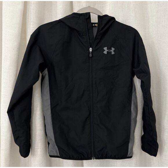 Under Armour Black Gray Full Zip Lightweight Hooded Jacket Youth Medium 10/12 - Picture 1 of 3
